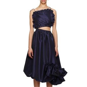 Kika Vargas Navy Blue Ramya Asymmetric Square Neck Silk Taffeta Midi Dress sz L